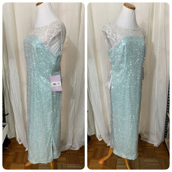 JS Collections CLAIRE Tea Length Sequined Dress Sz 10 Light Aqua Frozen - Picture 3 of 11